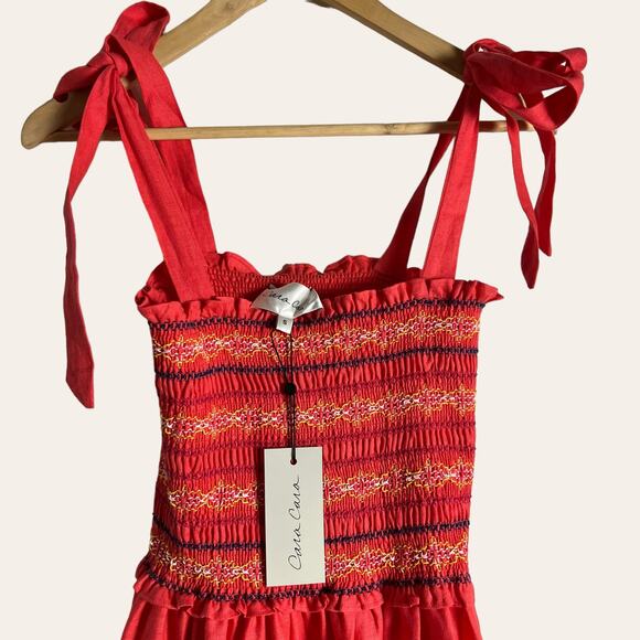 Cara Cara NYC Jenny Hibiscus Linen Smocked Tie Shoulder Midi Dress Size S - Picture 7 of 16